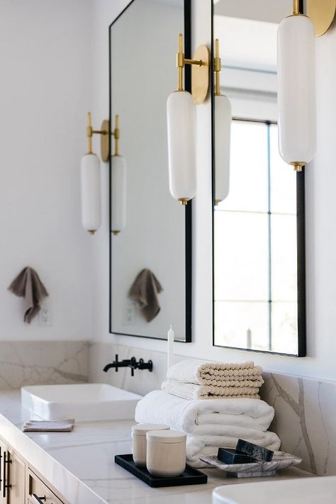 White and Gold Sconces with Tall Black Vanity Mirrors - Transitional - Bathroom Gold Sconces, Modern Bathroom Ideas, Bathroom Hallway, Black Vanity, Bathroom Aesthetic, Bathroom Inspo, Black Walls, Contemporary Bathroom, Aged Brass