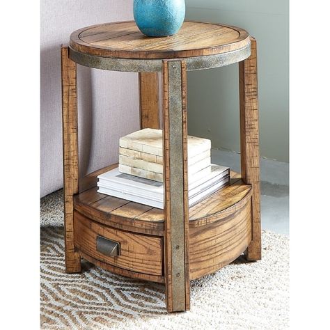 Carbon Loft Round Wood Veneer End Table with Metal Accents - Bed Bath & Beyond - 20032029 Unique End Tables, Minimalist Side Table, Round End Tables, Rustic Log Cabin, Rustic Side Table, Round End Table, Side Table Design, Living Room End Tables, Wood End Tables