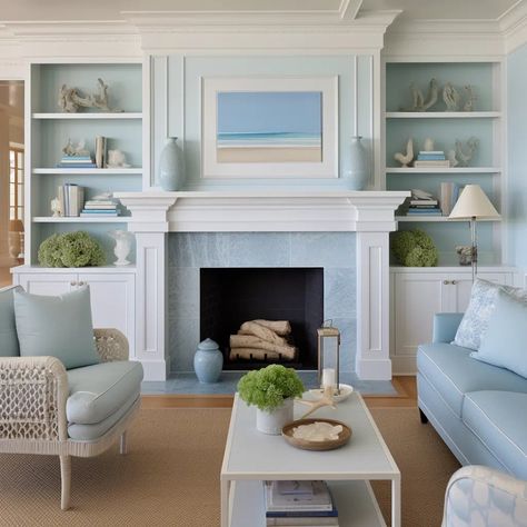 Soothing Coastal Blues Built-Ins Evoke Ocean Breezes Fireplace With Built Ins On Both Sides Image Built Ins Around Fireplace With Windows, Light Blue Fireplace, Beach Style Fireplaces, Fireplace With Built Ins On Both Sides, Coastal Fireplace Ideas, Style A Fireplace, Fireplace And Built Ins, Fireplace With Built Ins, Beach House Fireplace