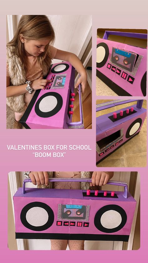 Boombox Valentine Box Ideas, Boom Box Valentines Boxes, Boom Box Diy, Valentines Box Ideas, Diy Boombox, Valentine Boxes For School, 90s Party Decorations, Valentines Diy Kids, Kids Valentine Boxes