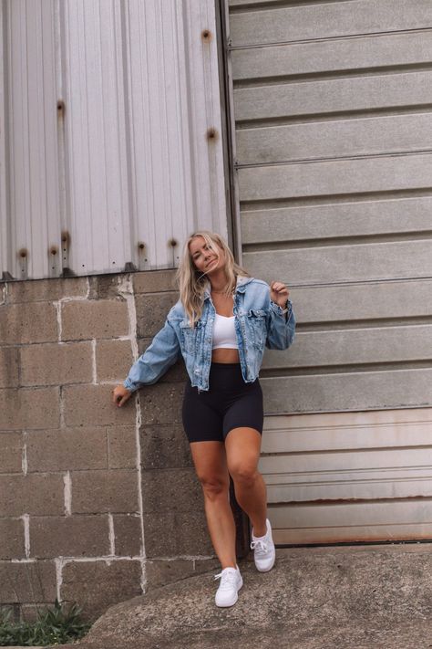 10 Ways to style bike shorts- Ashley Pletcher- Cropped Denim Jacket- Lululemon Align Denim Jacket Shorts Outfit, Lululemon Align Shorts Outfit, Align Shorts Outfit, Cropped Denim Jacket Outfit, Bike Shorts Outfit, Lulu Shorts, Denim Jacket Short, Jean Jacket Outfits, Denim Jacket Outfit