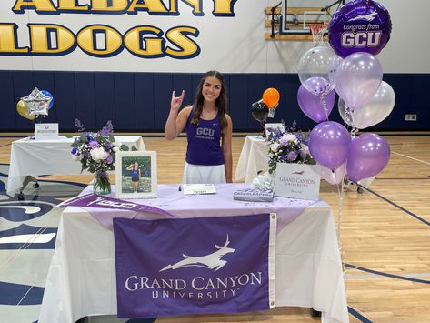 GCU Cheerleading college athletics signing day table asthetic Signing Table College, College Signing Day Table Ideas Volleyball, Signing Tables For College, Athlete Signing Day Table Ideas, Senior Signing Day Table, College Table Display, National Signing Day Table Ideas, Signing Day Table College Track, Signing Day Table College Baseball