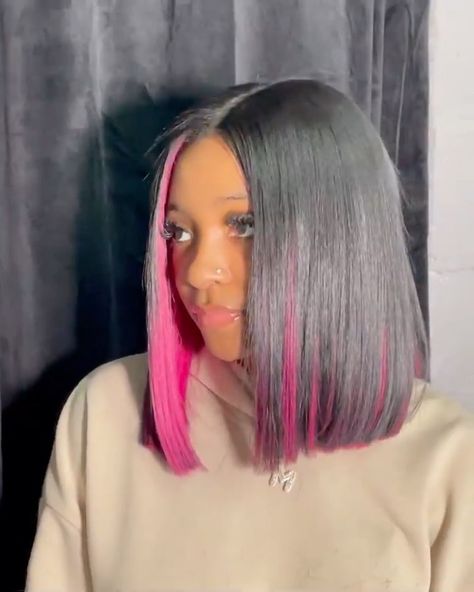 Black Wig With Pink Highlights, Wig With Pink Highlights, Girl Hair Colors, Lover Girl, Pink Highlights, Straight Bob, Pretty Hair Color, Hair Ponytail Styles, Black Wig