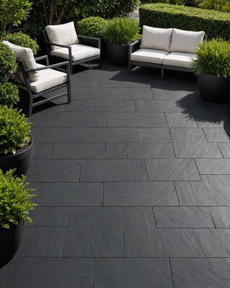 Black Tile Patio, Black Garden Tiles, Black Patio Floor, Outside Flooring Ideas, Black Concrete Patio, Patio Tiles Over Concrete, Black Pavers, Black Stone Tile, Colored Concrete Patio