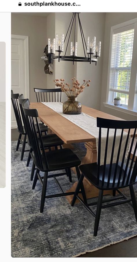 Maple Table With Black Chairs, Light Brown Table With Black Chairs, Wood Dining Table With Black Chairs, Wood Table Black Chairs, Light Brown Table, Small Dining Room Decor, Black Dining Room Table, Black Kitchen Table, Black Leather Chair