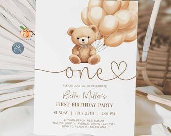 Beary First Birthday Invitation, Teddy Bear 1st B-day Invite for Boys and Girls, Printable Party Invite, Editable Jet Template - Etsy Denmark Beary First Birthday Girl, Teddy Bear Birthday Invitations, Beary First Birthday, Teddy Bear Theme, Teddy Bear Birthday, Teddy Bear Girl, Party Invitations Printable, Bear Birthday, Printable Party