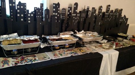 Comic book city skyline pasta buffet for wedding reception Avenger Wedding, Buffet For Wedding, Catwoman Wedding, Superhero Wedding Theme, Avengers Wedding, Pasta Buffet, Comic Wedding, Marvel Wedding, Comic Book Wedding