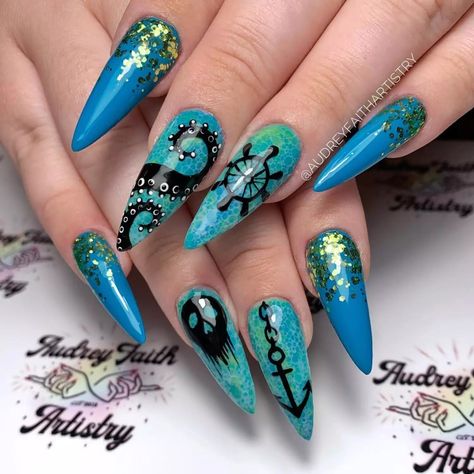 Cruise Inspired Nails, Kraken Nails, Friendship Nails, Cruise Nail Ideas, Pirate Nail Art, Pirate Nails, Cruise Nails, Nautical Nails, Sea Nails