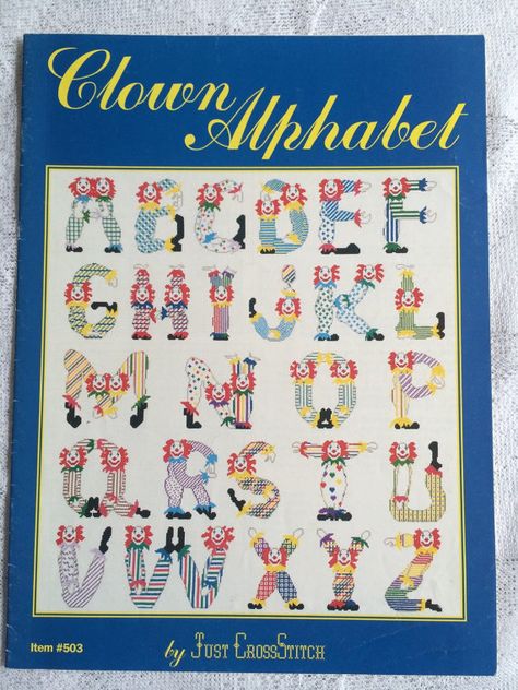 Clown Alphabet Counted Cross Stitch Pattern by EllieMarieDesigns Letters Cross Stitch, Alphabet Cross Stitch, Cross Stitch Magazines, Just Cross Stitch, Vintage Clown, Baby Washcloth, Clowning Around, Cross Stitch Books, Alphabet Book