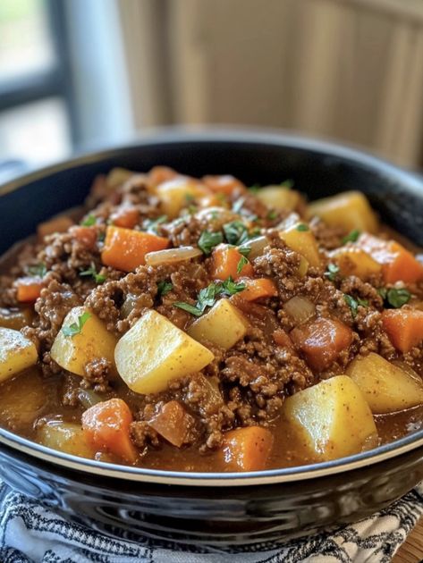 Slow Cooker Poor Man’s Stew Poor Man's Stew, Vegan Slow Cooker Soup, Poor Man Soup, Baked Blooming Onion, Poor Mans Stew, Ground Beef Potatoes, Crockpot Recipes For Two, Beef Potatoes, Crockpot Stew