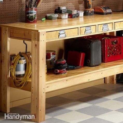 Follow simple work bench plans to build a sturdy, tough workbench that'll last for decades. It has drawers and shelves for tool storage. It's inexpensive. Tablesaw Workbench, Simple Workbench Plans, Workbench With Drawers, Workshop Bench, Workbench Plan, Workbench Designs, Building A Workbench, Folding Workbench, Mobile Workbench