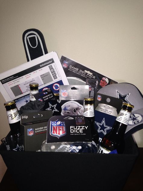 Dallas Cowboys gift basket with game day tickets (: Football Game Tickets Surprise Gift Ideas, Game Day Basket, Dallas Cowboys Gift Basket, Awesome Christmas Gifts, Cowboys Gifts, Dallas Cowboys Gifts, Homemade Gift Baskets, Gifts Baskets, Christmas Gift Baskets Diy