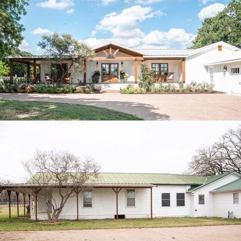 "Fixer Upper" Posters - What Happens After "Fixer Upper" Reveals #exterior #ranch #exterior Exterior House Renovation, Manufactured Home Remodel, Ranch Remodel, Building A Porch, Exterior Renovation, Exterior Makeover, Modern Farmhouse Exterior, Exterior Remodel, Ranch Style Homes