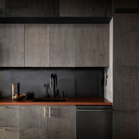 Dezeen on Instagram: “Architecture firm @go_c_studio inserted a dark stained plywood box into this apartment in Seattle to contain the kitchen, bedroom and…” Plywood Cupboards, Southern Office, Dark Lounge, Shed Living, Black Plywood, Snake Island, Stained Plywood, Osb Plywood, Seattle Apartment