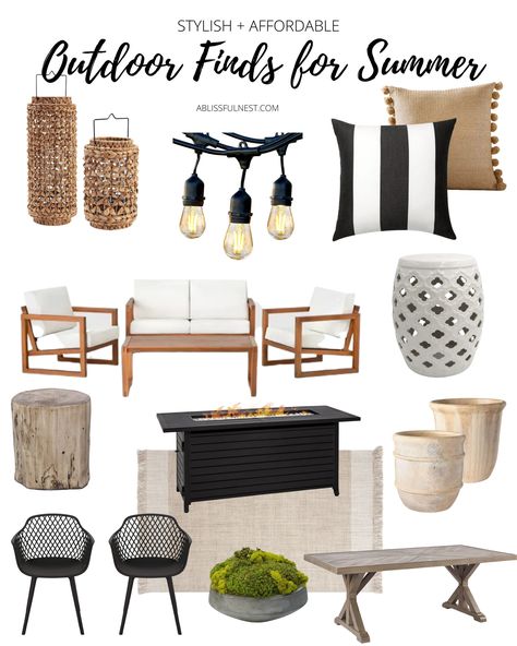 Modern Boho Deck Decor, Modern Patio Decorating Ideas, Balcony Mood Board, Decorating Pool Deck, Green And Brown Patio Decor, Black And Cream Patio Decor, Black And Neutral Outdoor Patio, Black Boho Patio Furniture, Black And White Cabana Stripe Patio