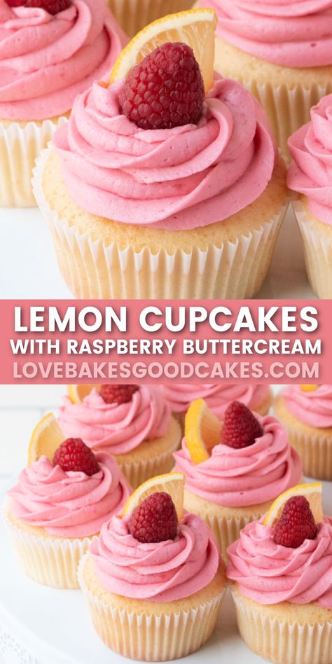 lemon cupcakes with raspberry buttercream frosting pin collage Lemon Cupcake Frosting Recipe, Cupcake Recipes For Easter, Fun Buttercream Flavors, Lemon Cupcakes With Raspberry Buttercream, Cupcakes Lemon Raspberry, Lemon Cupcake Ideas, Lemon Cake Raspberry Buttercream, Lemon And Raspberry Cupcakes, Fruit Loop Cupcakes