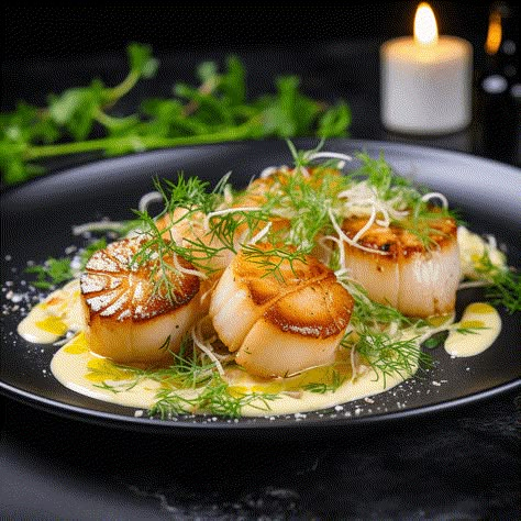 Pan-Seared Scallops with Lemon Beurre Blanc and Fennel Salad Recipe Light Date Night Dinner, Scallop Starter Recipes, Fine Dining Scallops, Gourmet Seafood Recipes, Scallops Dinner Ideas, Gorgonzola Tart, Searing Steak, Scallop Appetizer, Scallops Salad