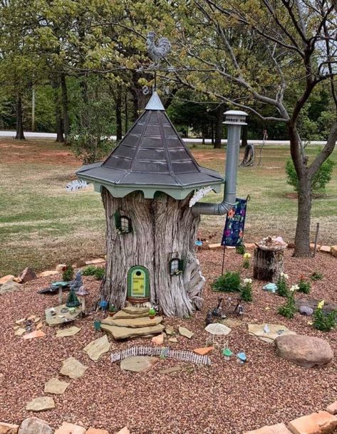 Gnome Home Tree, Gnome Tree Stump House, Fairy Stump, Tree Stump House, Fairy Garden Tree, Fair Garden, Stump House, Stump Art, Gnome Houses