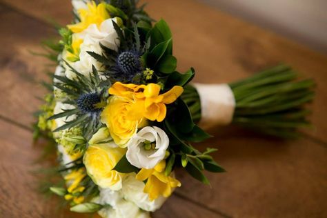 Spring wedding bouquet of daffodils, thistle and freesia Thistle Bouquet Wedding, Bouquet Of Daffodils, Thistle Bouquet, Welsh Wedding, Thistle Wedding, Gold Wedding Flowers, Mums Wedding, Wedding Car Decorations, Diy Wedding Inspiration