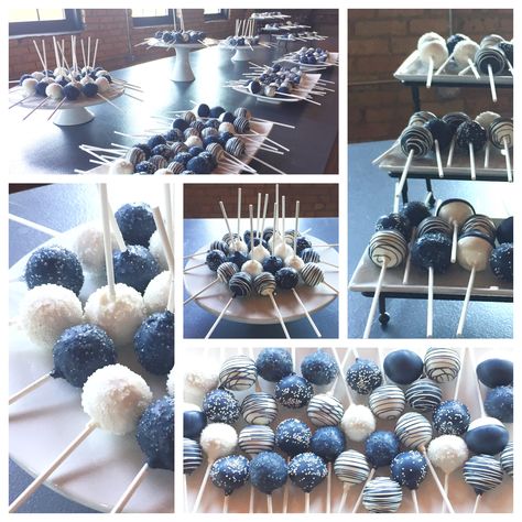 Blue Cake Pop Ideas, Royal Blue Cake Pops, Navy Cake Pops, Blue And White Cake Pops, Winter Wedding Cupcakes, Royal Blue Cake, Blue And White Cake, Graduation Cake Pops, Blue Cake Pops