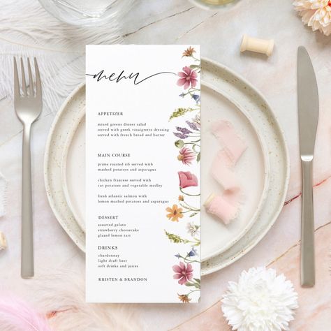 Bridal Shower Menu Cards, Menu Display, Baby Shower Menu, Bridal Brunch Invitations, Vegetable Medley, Sweet Rain, Bridal Luncheon, Spring Wildflowers, Brunch Invitations