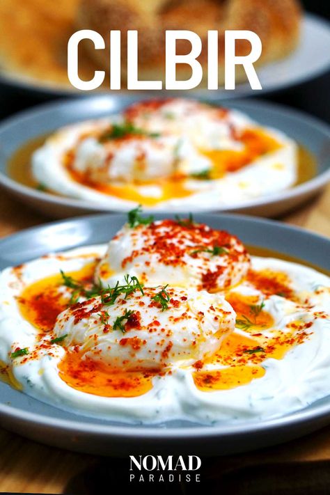 Turkish Eggs With Yoghurt, Cilbir Recipe, Turkish Poached Eggs, Turkish Eggs, Paprika Sauce, Yogurt Recipe, Egg Dishes, Turkish Food, Protein Meals