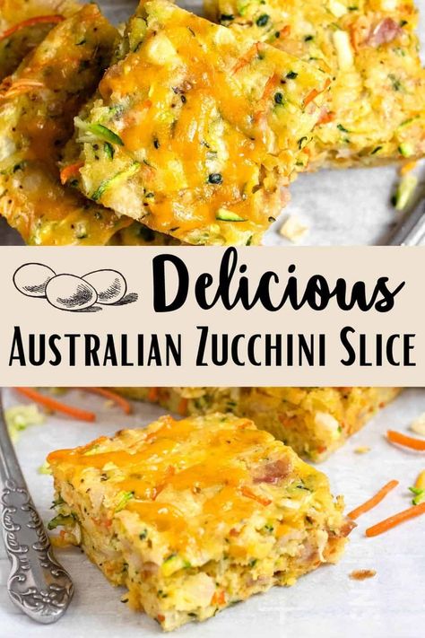 Zucchini Slice is a popular Australian snack that can be enjoyed as a lunch, snack, or breakfast. It is full of delicious vegetables like zucchini and, in this case, carrots. It’s made with staple ingredients and only takes about 10 minutes of active work to throw together! Australian Snacks, Vegetable Bake Recipes, Savoury Slice, Zucchini Aubergine, Slice Recipe, School Recipes, Kid Snacks, Zucchini Slice, Baked Vegetables