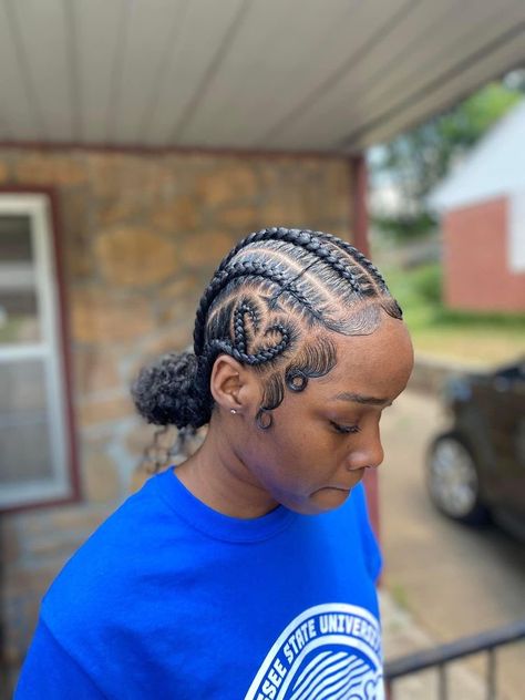 Braid Back Bun Black Women, All Back Conrow With Heart, 5 Stitch Braids In A Bun, Straight Back Cornrows With Bun, Straight Backs Feed Ins Into Two Buns, Cornrow Hairstyles With Designs, Stitch Braids Into Bun With Heart, Feed In Braids With Bun In Back, 8 Feed In Braids With Designs