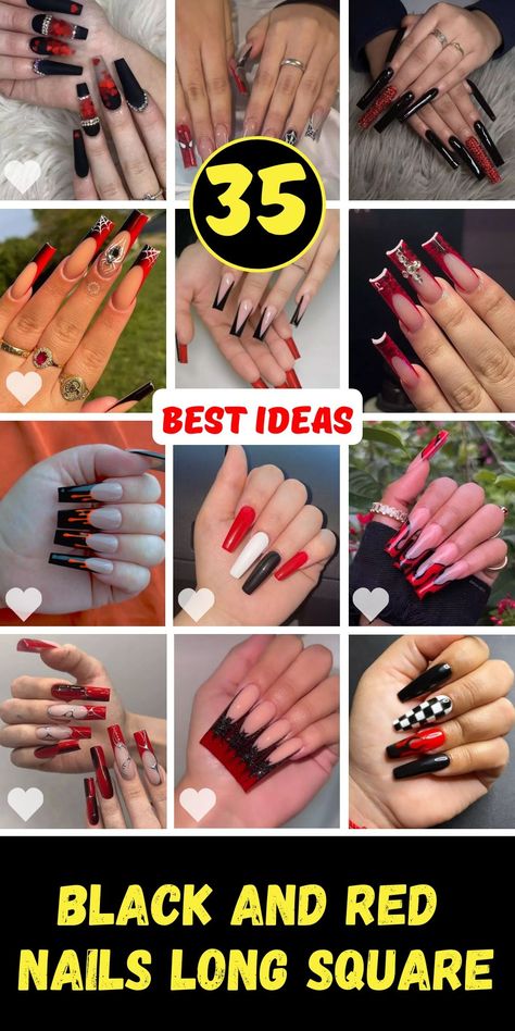 Get Inspired with Black and Red Nails Long Square Dark Cherry Looks Black And Red Nail Designs, Red Nails Long, Black And Red Nails, Hawaiian Flower Nails, Nails Long Square, Pink Flower Nails, Nude Polish, Long Square Nails, 3d Flower Nails