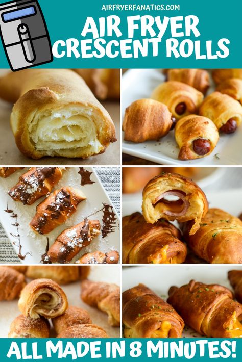 Learn how to make some easy recipes in the air fryer or ninja foodi with these Air Fryer Pillsbury Crescent Roll Recipes! Air Fryer Crescent Roll Doughnut, Crescent Roll Breakfast Recipes Air Fryer, Cresent Roll Recipes Air Fryer, Crescent Roll Air Fryer Recipes, Air Fryer Crescent Roll Recipes, Crescent Rolls In Air Fryer, Air Fryer Crescent Rolls, Air Fryer Pillsbury, Creasant Roll Recipes