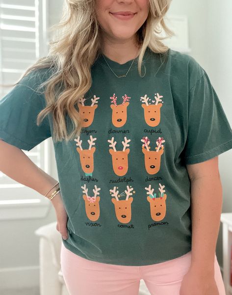 Get in the holiday spirit with our Reindeer Tee! Featuring doodles of all nine reindeer in a festive grid, this shirt is perfect for spreading Christmas cheer. Teacher Wedding, Reindeer Shirt, Congratulations Baby, Sweet Shirt, Blue Spruce, Love Anniversary, Christmas Fashion, Fall Thanksgiving, Bottom Clothes