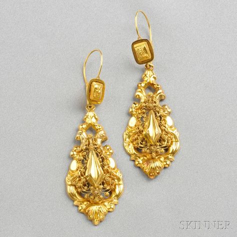 Antique Gold Day/Night Earpendants, c. 1830s, each repousse drop with burr motifs, lg. 2 1/2 in., hallmarks. Air Jewelry, Office Earrings, Georgian Jewelry, Graduation Jewelry, Real Gold Jewelry, Antique Jewelry Indian, Gold Rings Fashion, Gold Rings Jewelry, Golden Earrings