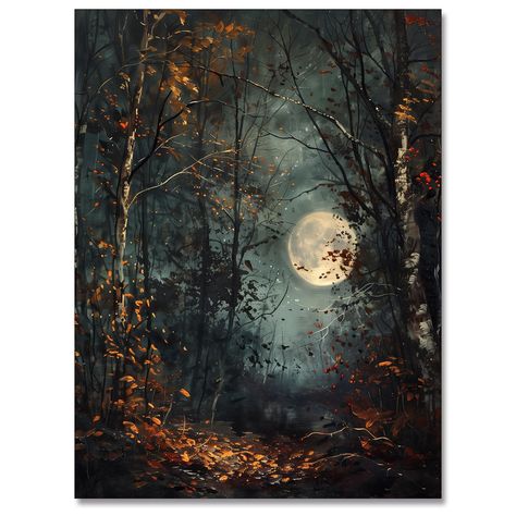 PRICES MAY VARY. Transform your living space into a tranquil haven with our Midnight Moon Wall Art. This captivating piece showcases the enchanting beauty of a moonlit night, creating a serene atmosphere that adds a touch of magic to any room. Available in three sizes: 12x16 inches, 16x24 inches, and 24x36 inches, it's the perfect addition for nature and art lovers alike. Gothic Halloween Art Decor: Setting the tone for Halloween, the print brings a Gothic twist to Halloween decor. Its chilling Wall Art For Dark Walls, Dark Forest Decor, Moonscape Painting, Dark Nature Painting, Celestial Living Room, Gothic Posters, Moody Cottagecore, Dark Academia Wall Decor, Dark Academia Posters