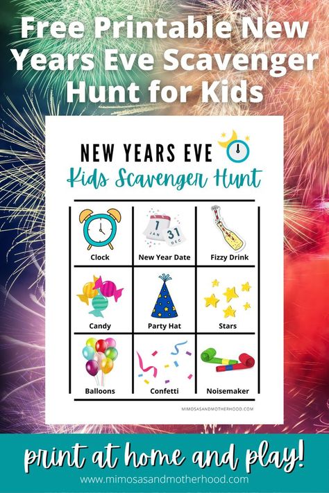 Send kids around the house searching for clues in this fun New Year’s Eve scavenger hunt that requires zero prep! Just print out this colorful free printable, grab a few crayons or makers and you’re ready for some fun that even the littlest partier can take part in. It’s the perfect New Years Eve activity to lead to a bigger activity or fun surprises! * Mimosas & Motherhood New Year Scavenger Hunt For Kids, New Years Scavenger Hunt For Kids, New Year’s Eve Scavenger Hunt For Kids, New Year Eve Activities For Kids, New Years Eve Scavenger Hunt For Kids, New Year’s Eve Scavenger Hunt, New Years Eve Scavenger Hunt, Nye Birthday, New Year's Eve Crafts