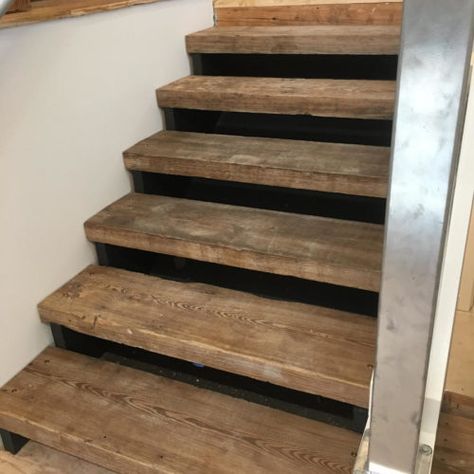 Wood Steps Indoor, Stair Treads Ideas, Rustic Stair Treads, Stair Tread Ideas, Barn Wood Stairs, Exposed Stair Treads, Alternating Stair Treads, Updating 2 X 12 Stair Treads, Raw Wood Stair Treads