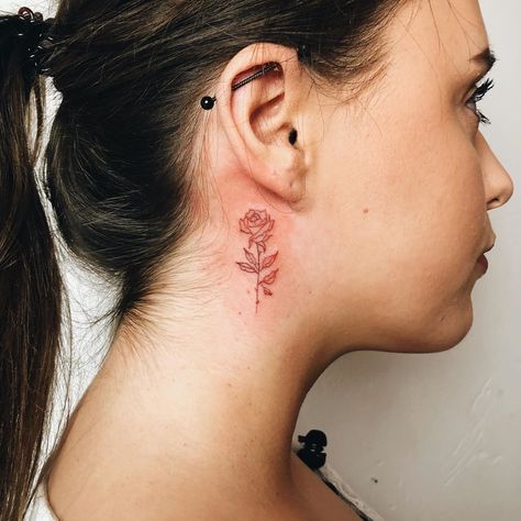 Red Rose Neck Tattoo, Red Rose Tattoo Behind Ear, Rose Tattoo Behind Ear, Rose Neck Tattoo, Tattoo Behind Ear, Instagram Roses, Red Rose Tattoo, Red Tattoos, Line Work Tattoo