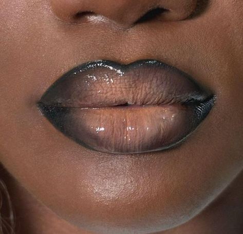 Black Lined Lips With Gloss, Black Ombre Lipstick, Dark Skin Makeup Lip Combo, 90s Makeup Lips, Editorial Lip Makeup, Jt Lip Combo, Red Lip Makeup Look Natural, Cool Tone Lipstick, Red And Black Lipstick