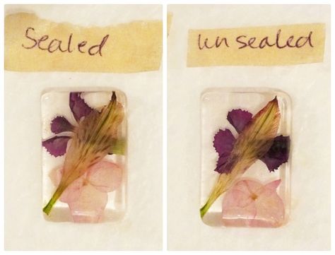 sealed and unsealed flowers in resin Flowers In Resin Diy, Dried Flowers In Resin, Resin Flower Jewelry, Using Dried Flowers, Resin Jewlery, Flowers In Resin, Flower Resin Jewelry, Diy Resin Projects, Resin Jewelry Diy