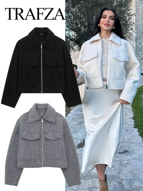 TRAFZA 2024 Vintage Women Solid Tweed Cropped Jacket With Pockets Long Sleeves Lapel Cardigan Coat Female Street Outerwear - AliExpress 200000345 Long Tweed Jacket Outfit, Tweed Cropped Jacket, Jacket With Pockets, Vintage Women, Cropped Jacket, Cardigan Coat, Crop Jacket, Daily Outfits, Coats For Women