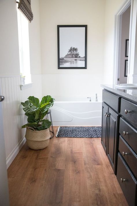 Life Proof Vinyl Flooring, Bathroom Wood Floor, White Plank Walls, Lifeproof Vinyl Flooring, Wood Floor Bathroom, Paint Cabinets, Vinyl Wood Flooring, Bathroom Wood, Bathroom Vinyl