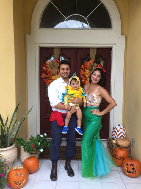 Family Halloween Costume. DIY Ariel, Flounder, and Prince Eric. Diy Prince Eric Costume, Ariel Family Halloween Costumes, Ariel Family Costume, Little Mermaid Halloween Costume Family, Little Mermaid Family Costume Halloween, Ariel And Flounder Costume, Halloween Costumes Ariel, Little Mermaid Family Costume, The Little Mermaid Halloween Costume