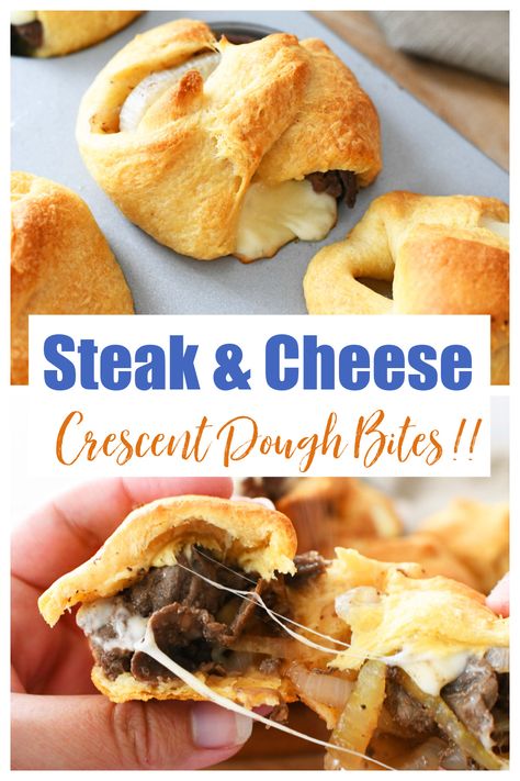 Crescent Dough Cheesesteak Bites- A tasty muffin tin meal! If you love a good steak and cheese, you have got to try these Crescent Dough Cheesesteak Bites. We pan-fry the steak with seasoning, Vidalia onions, and then stuff it into extra large crescent rolls. Baked in a muffin tin, the end result is a buttery, juicy, and cheesy delight for your taste buds. #muffintin #cheesesteak #crescentdough #steakbites via @muffintinrecipes Steak And Cheese Crescent Rolls, Steak Crescent Roll Recipes, Cheesesteak Bites, Camper Food, Mini Muffin Tin Recipes, Recipes Using Crescent Rolls, Savoury Bites, Crescent Roll Appetizers, Steak And Cheese