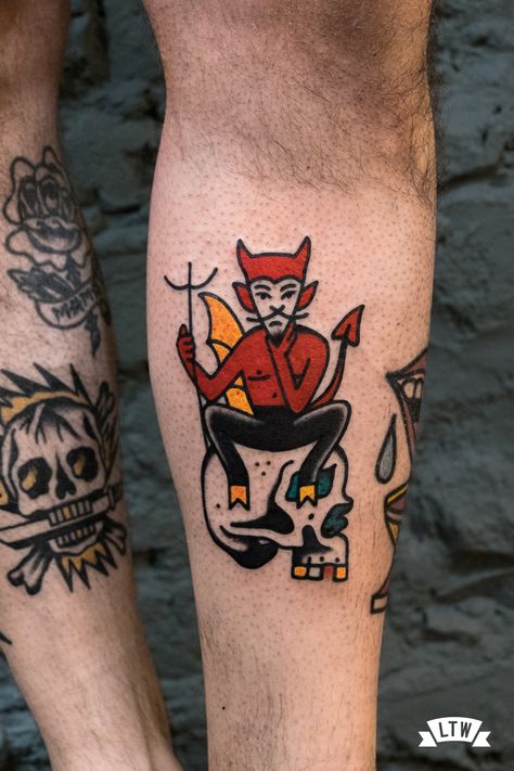 Devil Traditional Tattoo, Traditional Devil Tattoo, Devil Art, Traditional Tattoo Old School, Occult Tattoo, Devil Tattoo, Traditional Tattoo Sleeve, Tattoo Traditional, Old School Tattoo Designs