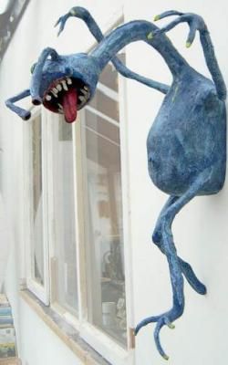 Ha hA!!!  Gonna put with a NO SOLICITING sign!!!!!  paper mache monster. Make large one for front porch Monster Academy, Monster Creature, Scary Monster, Paper Mache Projects, Sculpture Lessons, Paper Mache Clay, Haunted Dollhouse, Group Project, Paper Mache Sculpture