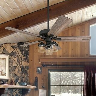 20 in. Modern Farmhouse Ceiling Fan Light with Remote 4-Light Black Cage Wood Grain Rustic Indoor Fandelier for Bedroom - On Sale - Bed Bath & Beyond - 37027697 Farmhouse Ceiling, Caged Ceiling Fan, Farmhouse Ceiling Fan, Rustic Ceiling, Ceiling Fan Light Kit, Flush Mount Ceiling Fan, Led Ceiling Fan, Ceiling Fan With Remote, Rustic Cabin