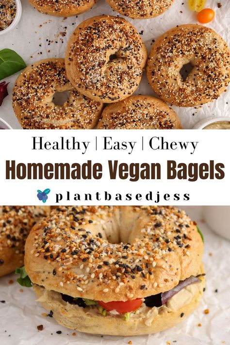 Making your own vegan bagels is so fun and easier than it looks like! This recipe only requires a handful of simple ingredients and makes for firm yet fluffy bagels that are also super flavorful. Includes easy to follow step-by-step guide, pictures and video. Egg-free, dairy-free and so delicious! Easy Vegan Bagel Recipe, Low Calorie Bagel Recipe, Vegan Bagel Recipe, Wfpb Lunch, Vegan Bagels, Dehydrating Fruit, Vegan Bagel, Everything Bagels, Vegan Benefits