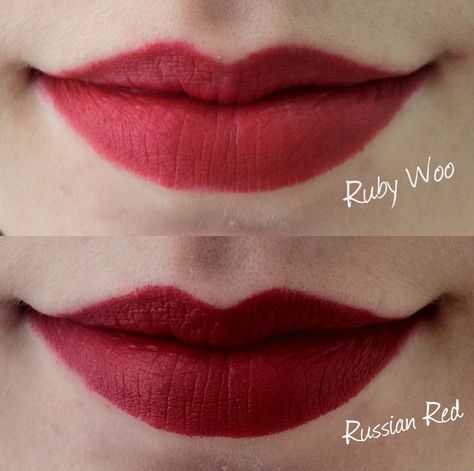 MAC reds I love: Ruby Woo & Russian Red.  And when I want Ruby Woo color but shinier, there's a LE Ruby Woo lipglass (I'll be disappointed when it's gone). Mac Russian Red, Mac Makeup Looks, Mac Lipstick Shades, Russian Red, Mac Lips, Ruby Woo, Makeup Lips, Lips Shades, Lipstick Swatches