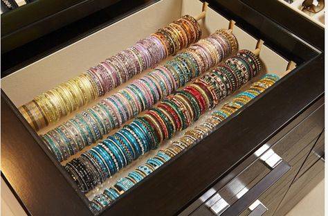 25 Beautiful Bangle Holders | Zen Merchandiser Bangle Storage Ideas In Wardrobe, Wooden Cupboard Design, Jewelry Organizer Drawer, Jewerly Organizer, Wooden Cupboard, Bangle Box, Bracelet Storage, Dressing Table Design, Jewelry Wall