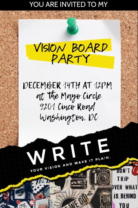 Vision Board Party Invitation Vision Board Flyer, Vision Board Party Invitations, Board Party Invitation, Board Parties, Write The Vision, Board Party, Vision Board Party, Invert Colors, 2020 Vision