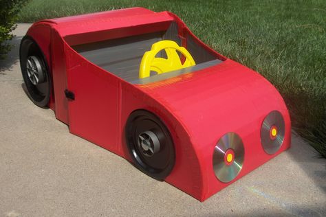 How to Make a Car From a Cardboard Box Cardboard Box Diy, Car Costume, Cardboard Box Car, Cardboard Boat, Cardboard Car, Cardboard Toys, Storage Trunk, Box Diy, Christmas Fireplace